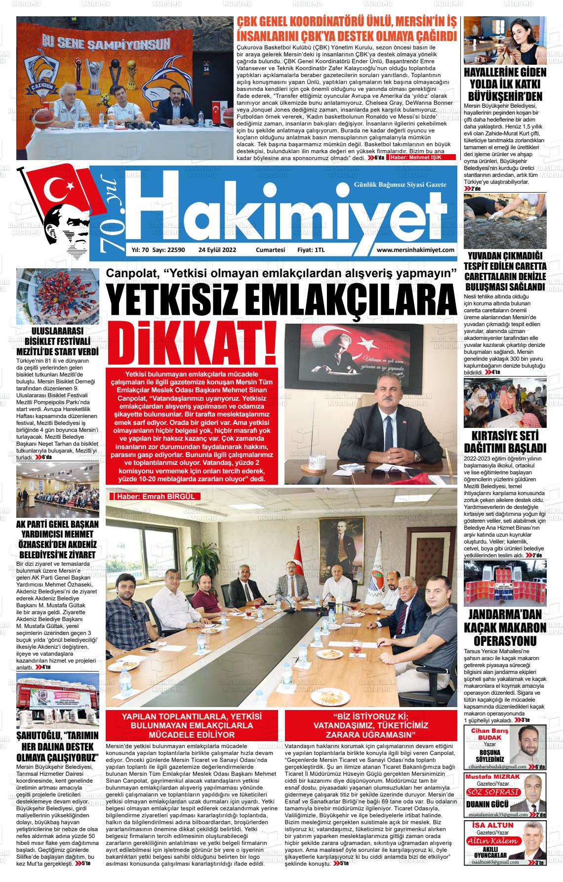 24 Eylül 2022 Mersin Hakimiyet Gazete Manşeti