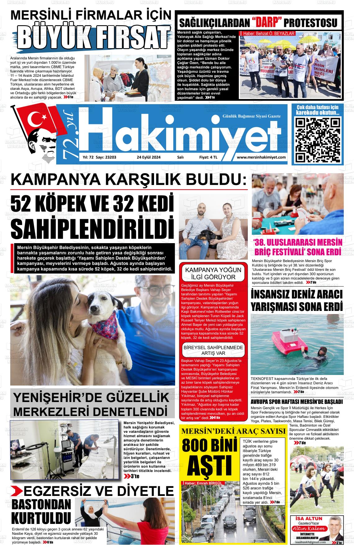 24 Eylül 2024 Mersin Hakimiyet Gazete Manşeti