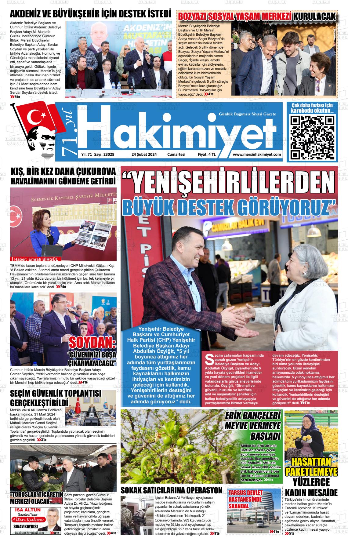 24 Şubat 2024 Mersin Hakimiyet Gazete Manşeti