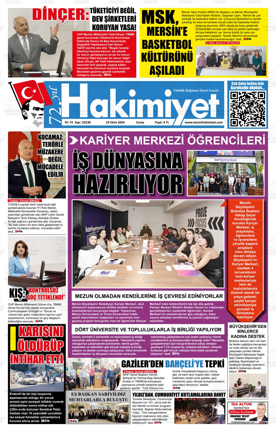 25 Ekim 2024 Mersin Hakimiyet Gazete Manşeti