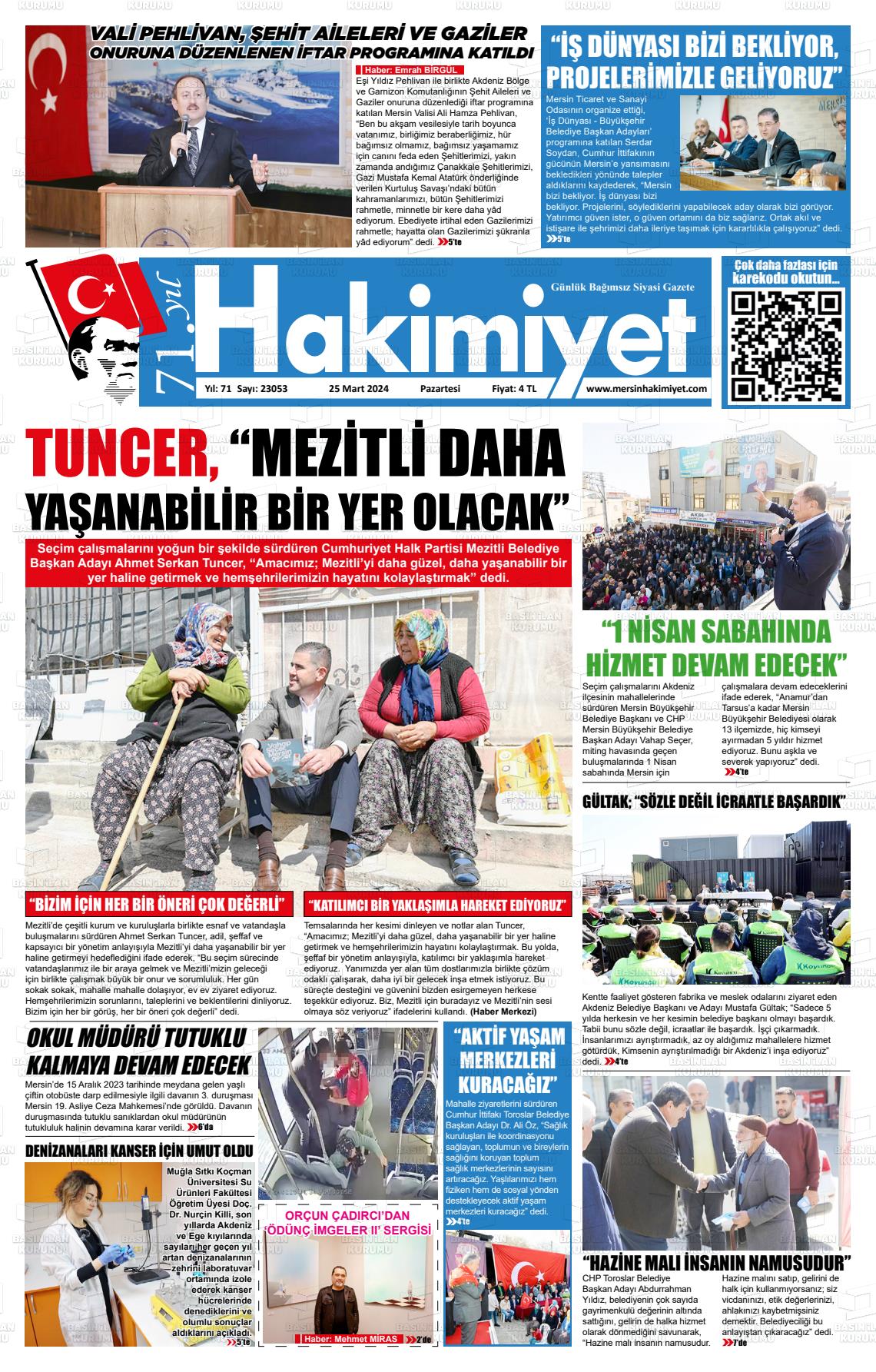 25 Mart 2024 Mersin Hakimiyet Gazete Manşeti