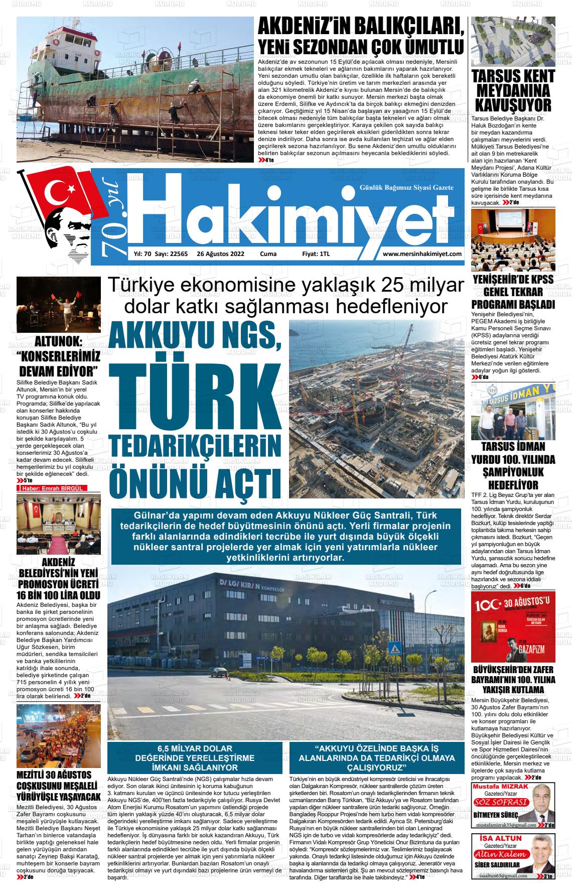 24 Ekim 2022 Mersin Hakimiyet Gazete Manşeti