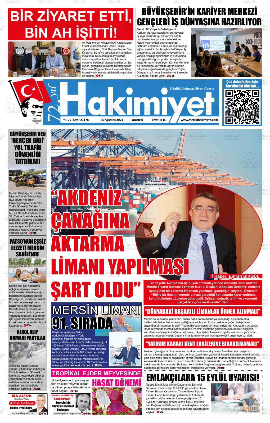 26 Ağustos 2024 Mersin Hakimiyet Gazete Manşeti