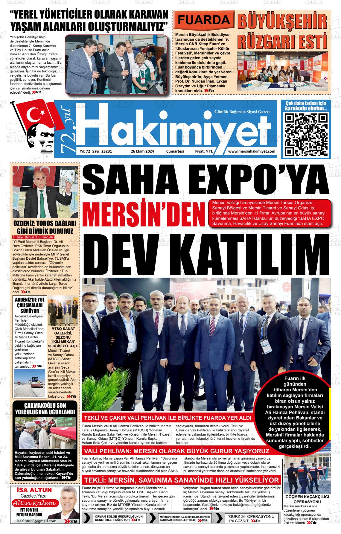 26 Ekim 2024 Mersin Hakimiyet Gazete Manşeti