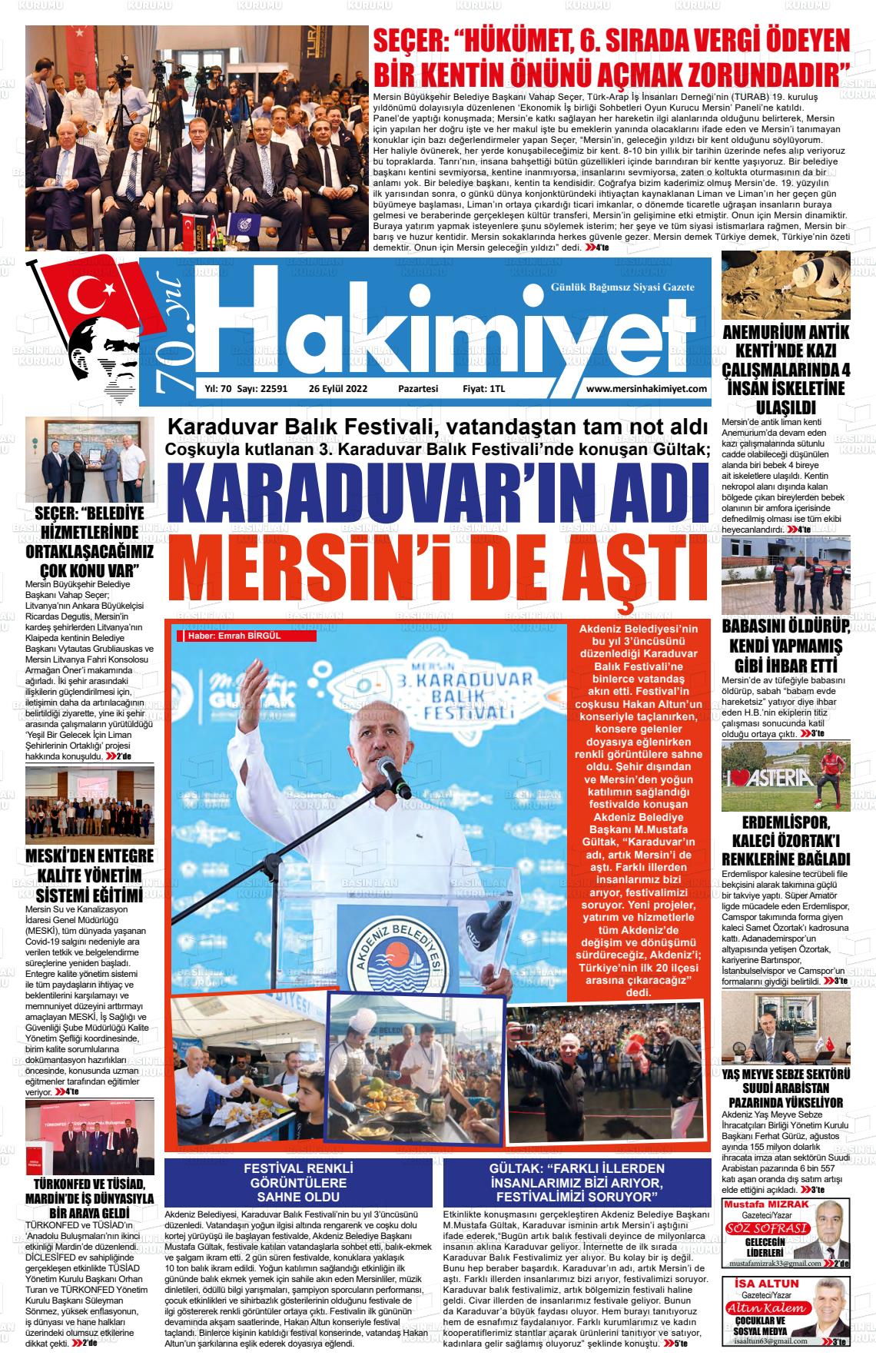 26 Eylül 2022 Mersin Hakimiyet Gazete Manşeti