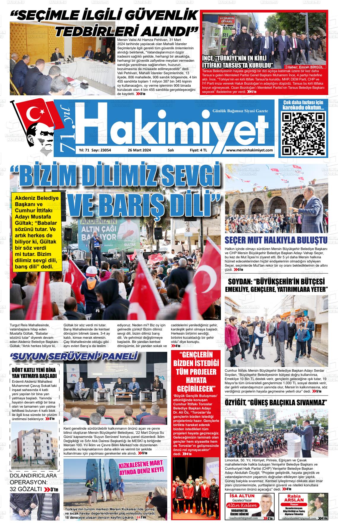 26 Mart 2024 Mersin Hakimiyet Gazete Manşeti