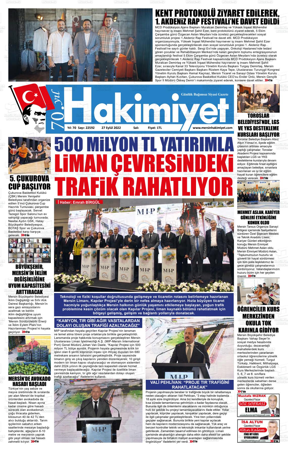 27 Eylül 2022 Mersin Hakimiyet Gazete Manşeti