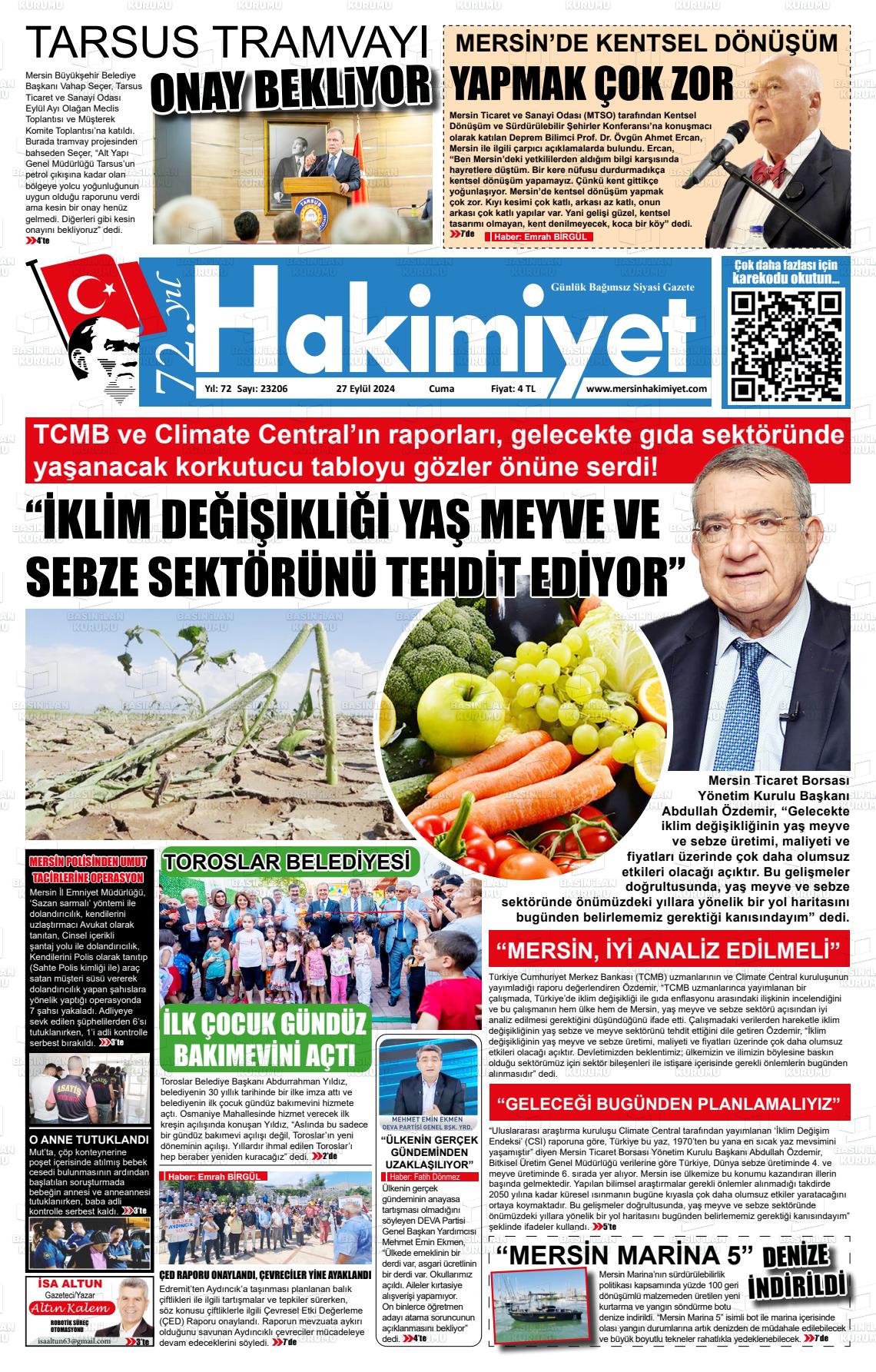 27 Eylül 2024 Mersin Hakimiyet Gazete Manşeti