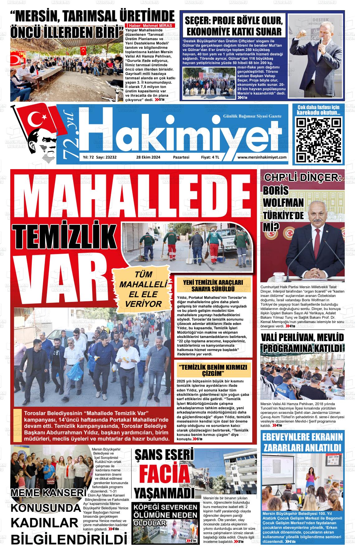 28 Ekim 2024 Mersin Hakimiyet Gazete Manşeti