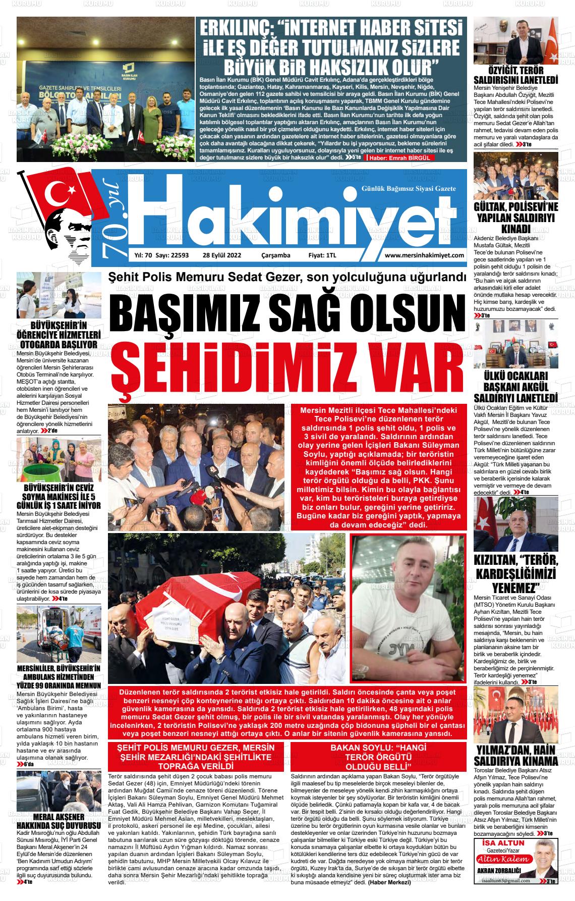 28 Eylül 2022 Mersin Hakimiyet Gazete Manşeti