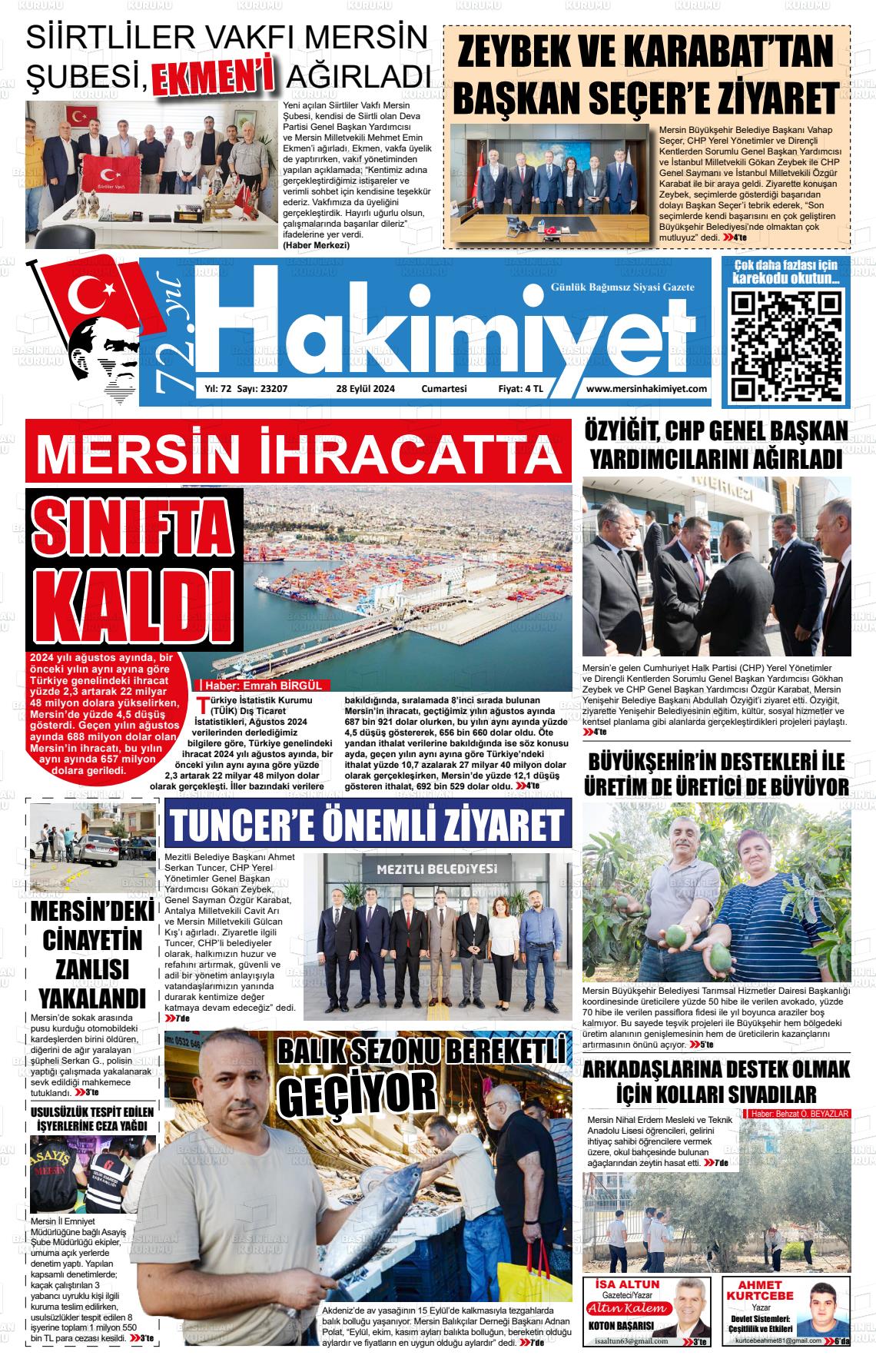 28 Eylül 2024 Mersin Hakimiyet Gazete Manşeti