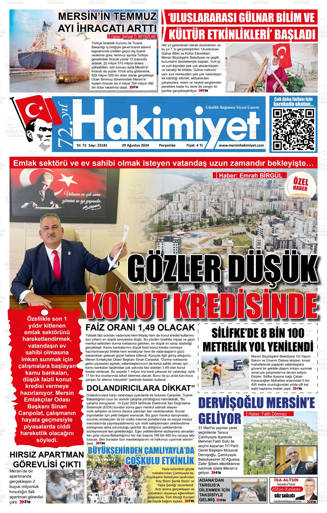 29 Ağustos 2024 Mersin Hakimiyet Gazete Manşeti