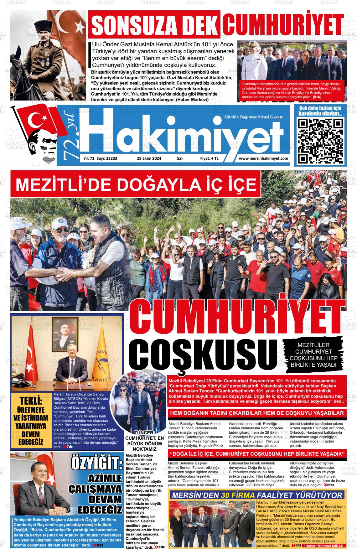 29 Ekim 2024 Mersin Hakimiyet Gazete Manşeti