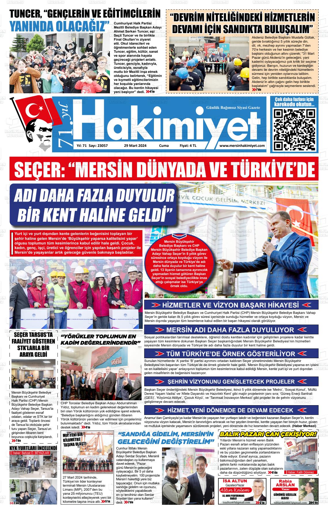 29 Mart 2024 Mersin Hakimiyet Gazete Manşeti