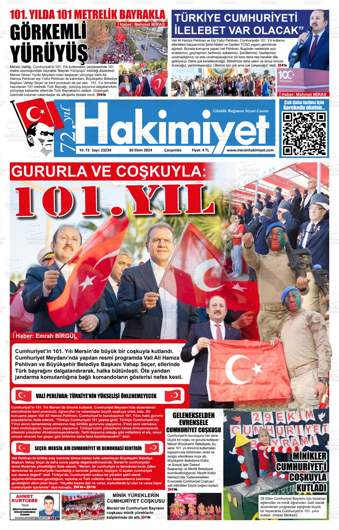 30 Ekim 2024 Mersin Hakimiyet Gazete Manşeti