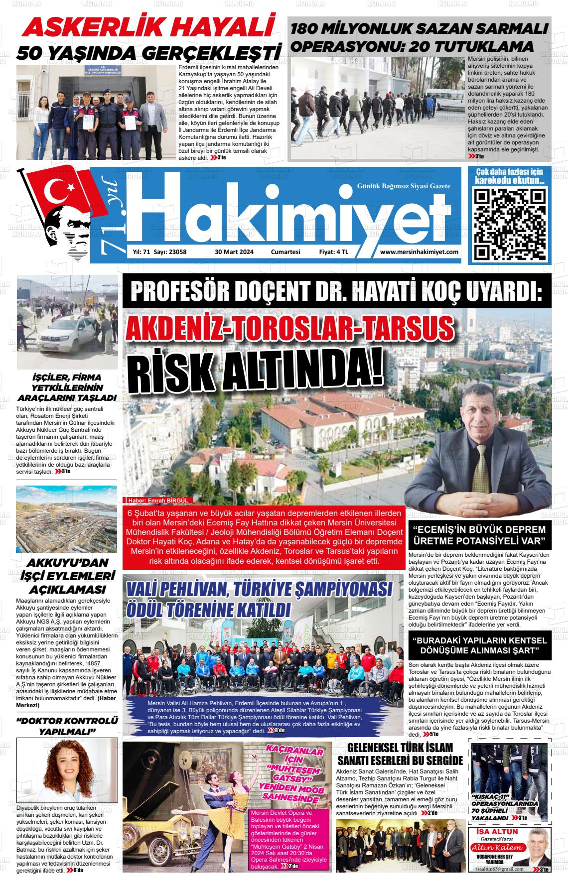 30 Mart 2024 Mersin Hakimiyet Gazete Manşeti