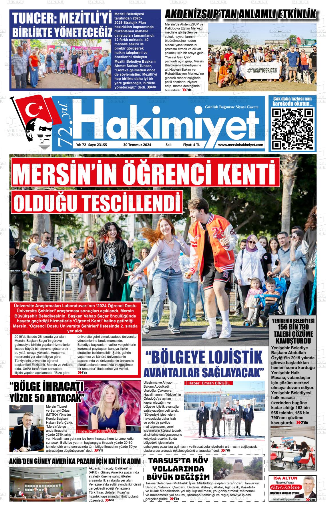 30 Temmuz 2024 Mersin Hakimiyet Gazete Manşeti