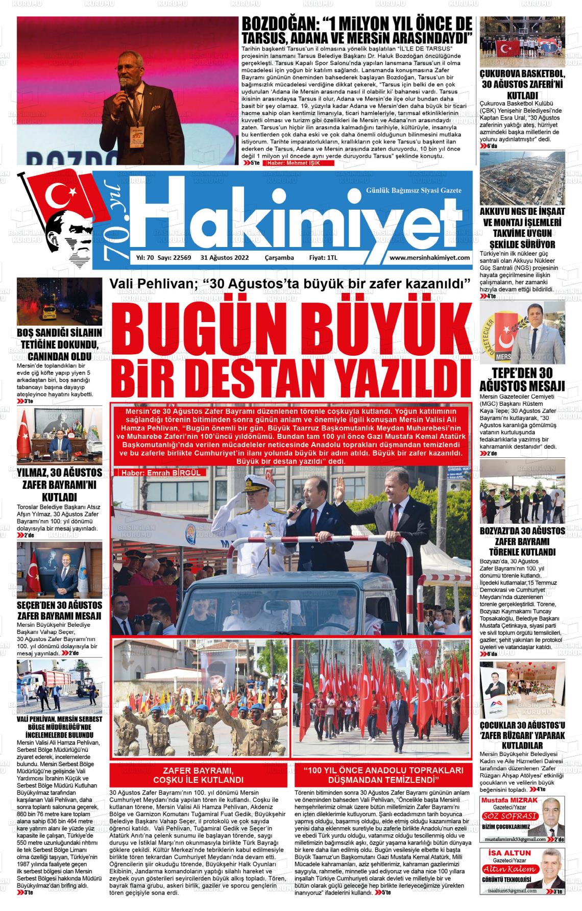 31 Ağustos 2022 Mersin Hakimiyet Gazete Manşeti