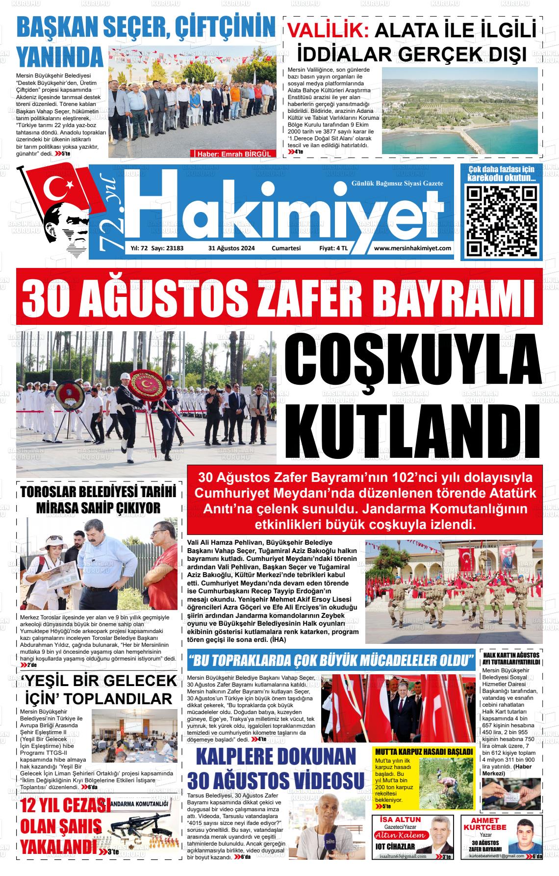 31 Ağustos 2024 Mersin Hakimiyet Gazete Manşeti