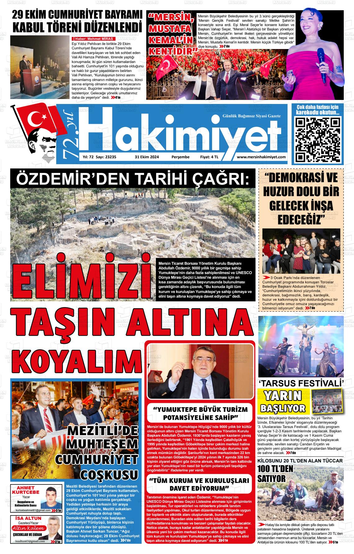 31 Ekim 2024 Mersin Hakimiyet Gazete Manşeti