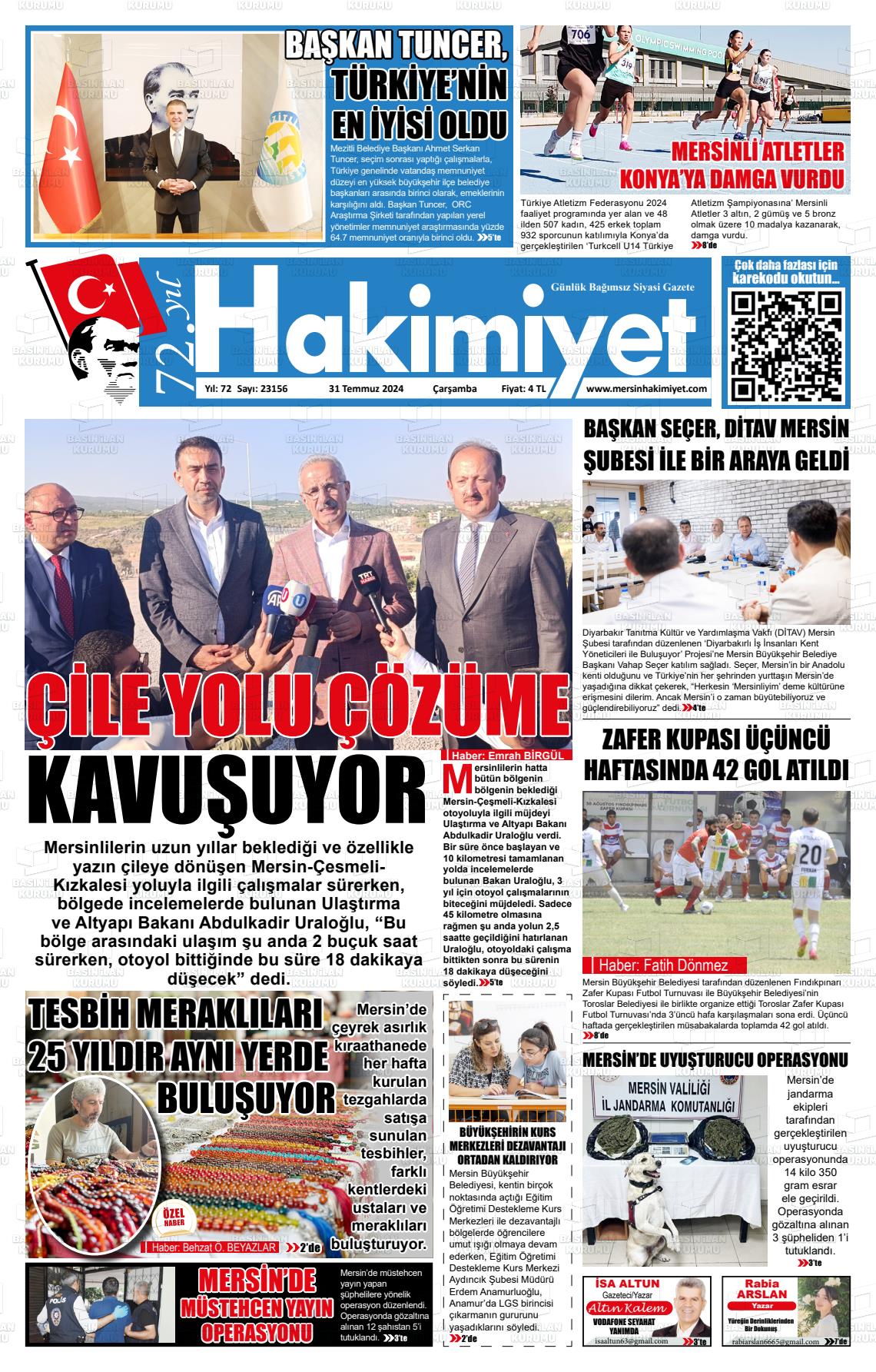 31 Temmuz 2024 Mersin Hakimiyet Gazete Manşeti