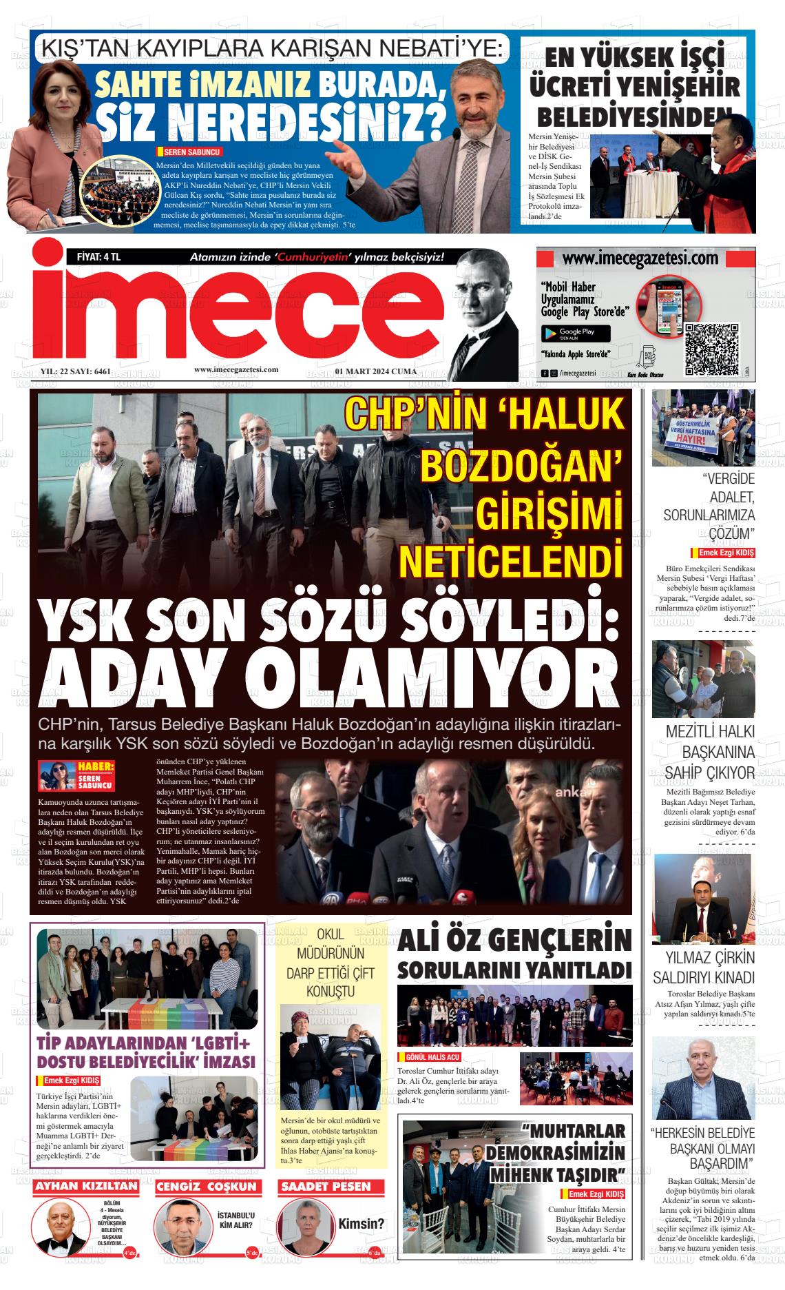 01 Mart 2024 İmece Gazete Manşeti