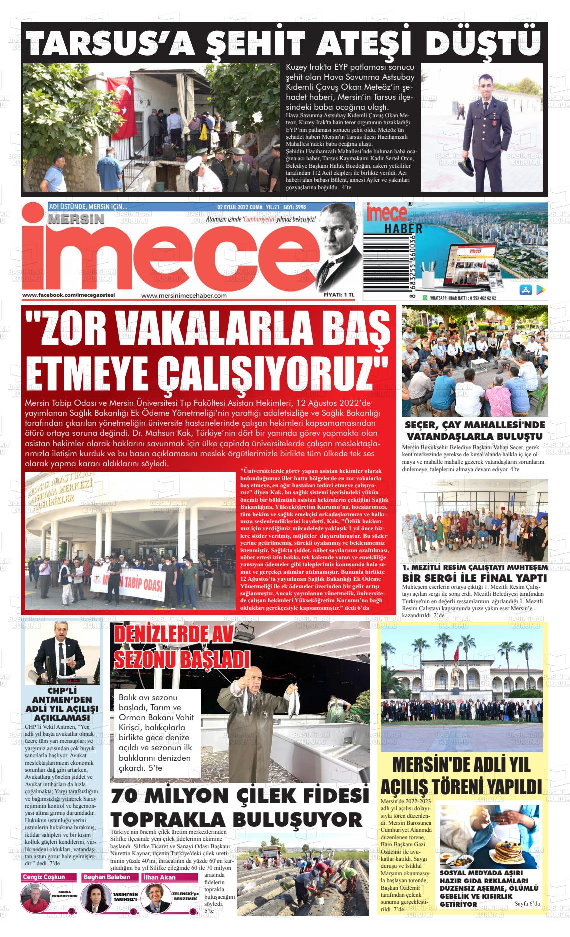 02 Eylül 2022 İmece Gazete Manşeti