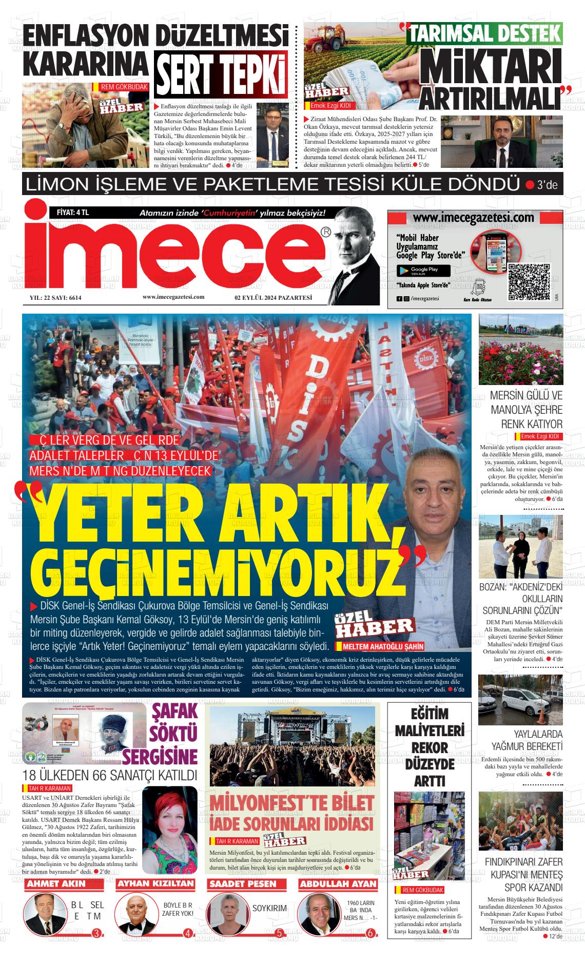 02 Eylül 2024 İmece Gazete Manşeti