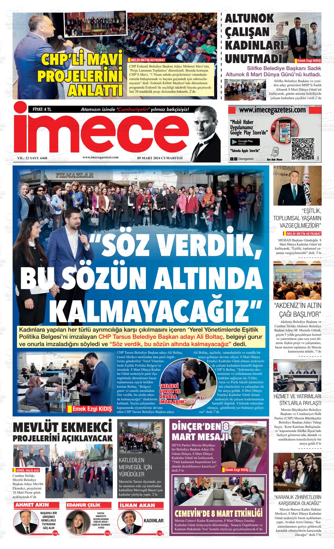 09 Mart 2024 İmece Gazete Manşeti