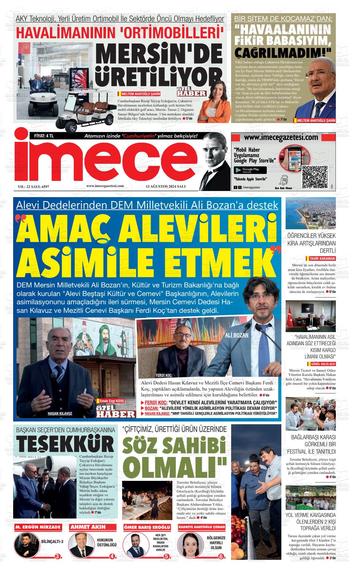 13 Ağustos 2024 İmece Gazete Manşeti