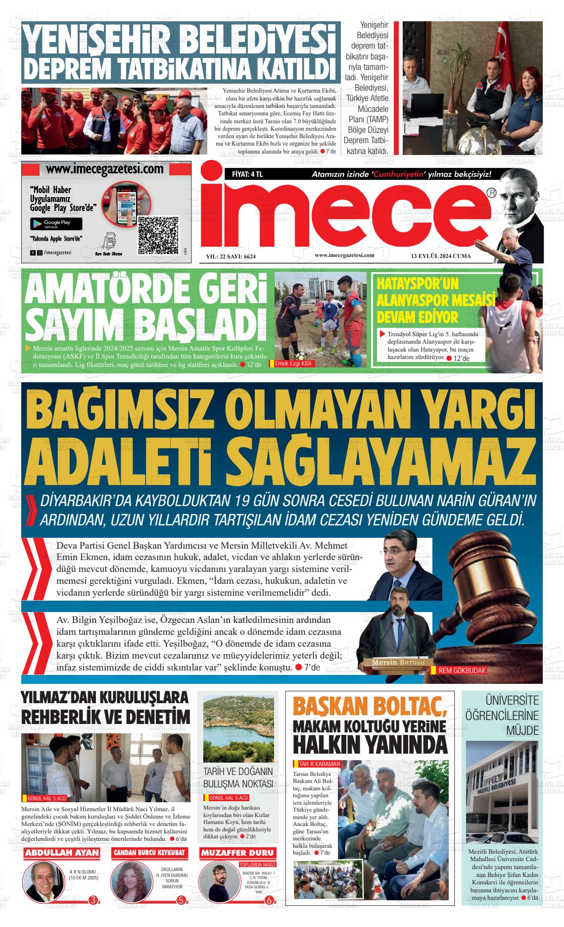 13 Eylül 2024 İmece Gazete Manşeti