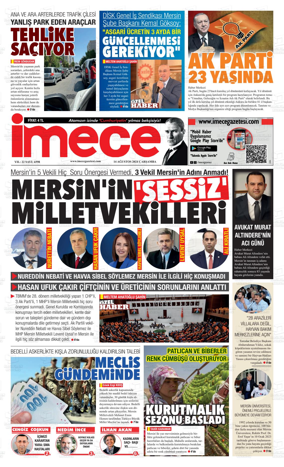 14 Ağustos 2024 İmece Gazete Manşeti