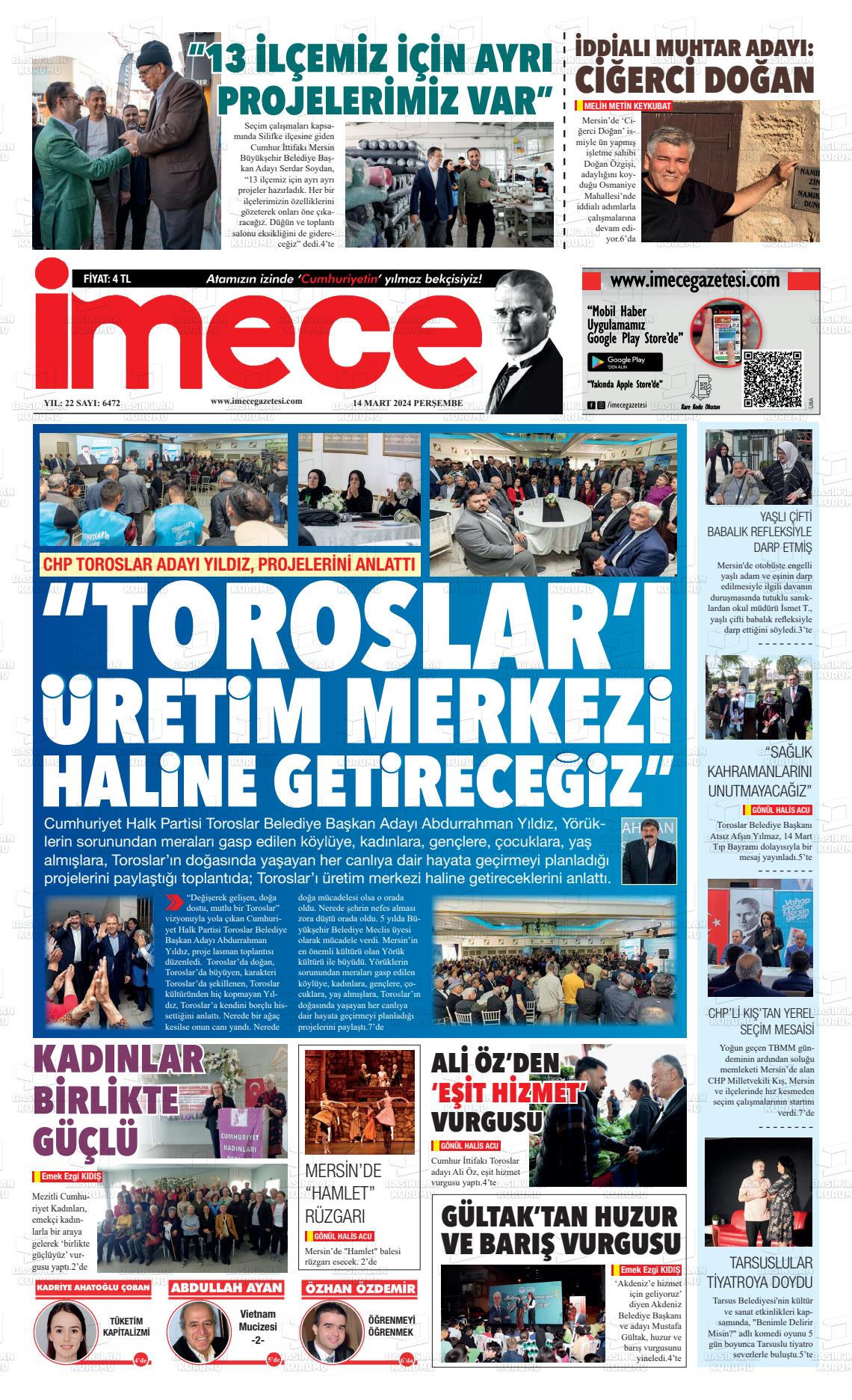 14 Mart 2024 İmece Gazete Manşeti