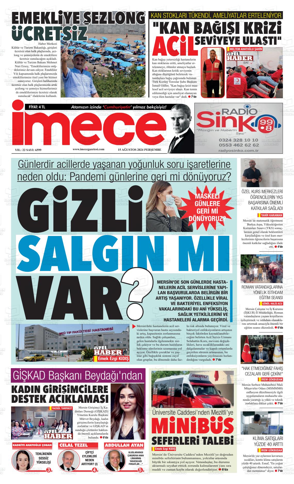 15 Ağustos 2024 İmece Gazete Manşeti