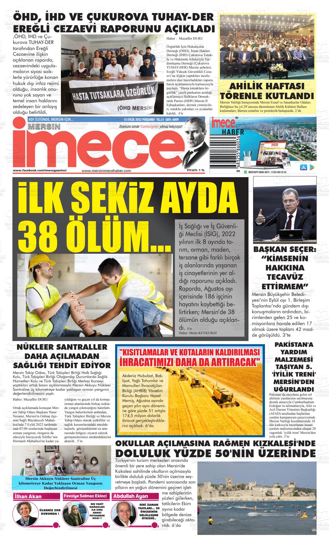 15 Eylül 2022 İmece Gazete Manşeti