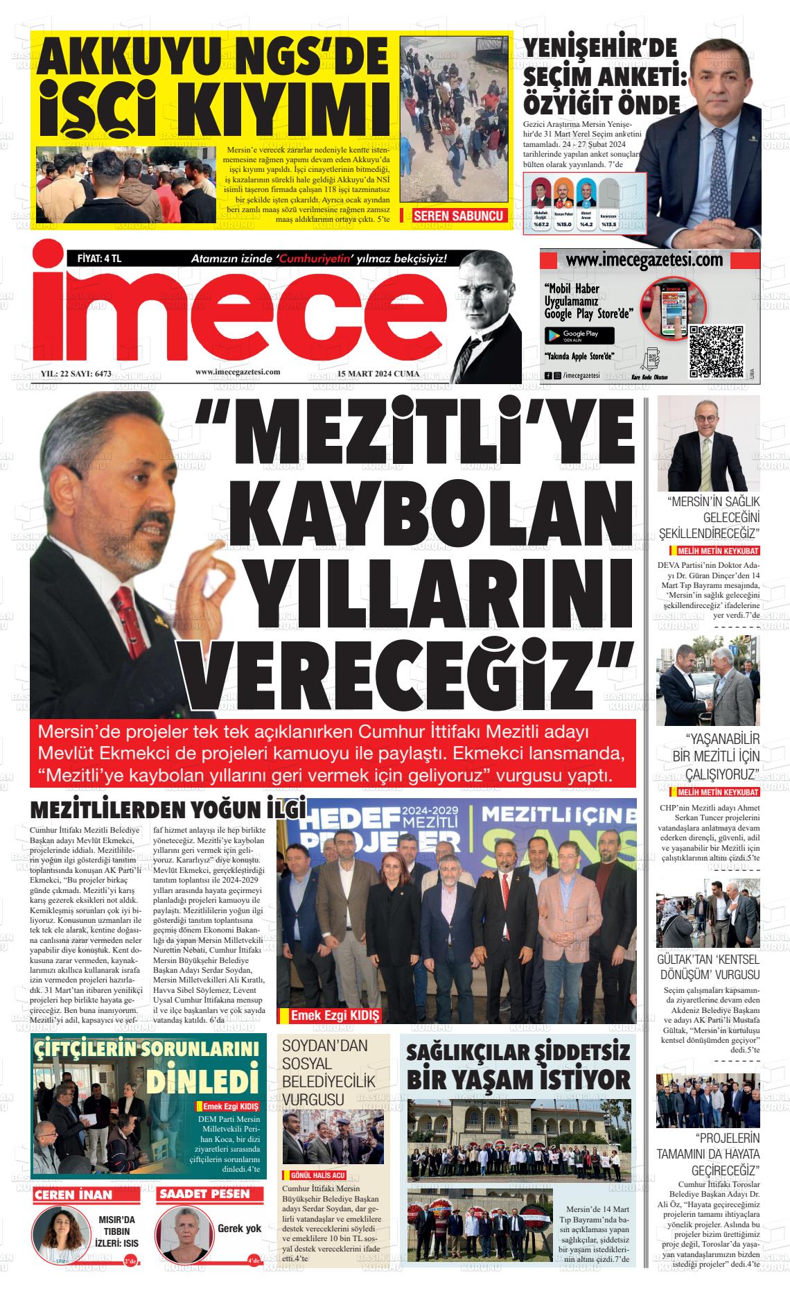 15 Mart 2024 İmece Gazete Manşeti