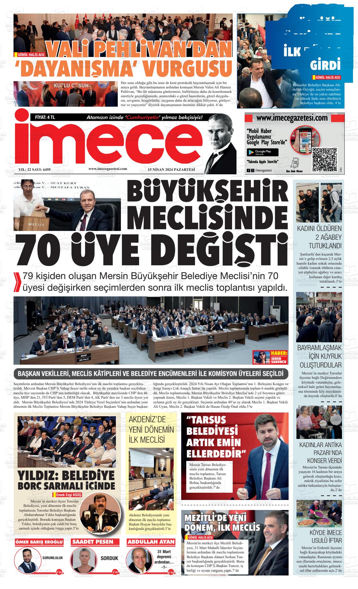 15 Nisan 2024 İmece Gazete Manşeti