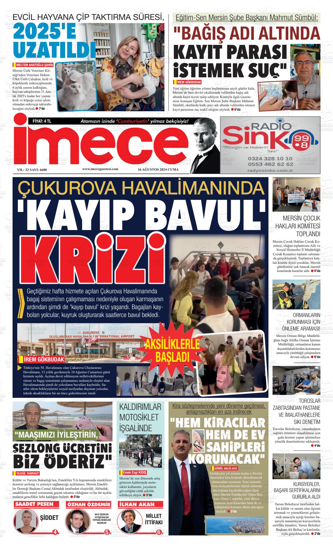 16 Ağustos 2024 İmece Gazete Manşeti