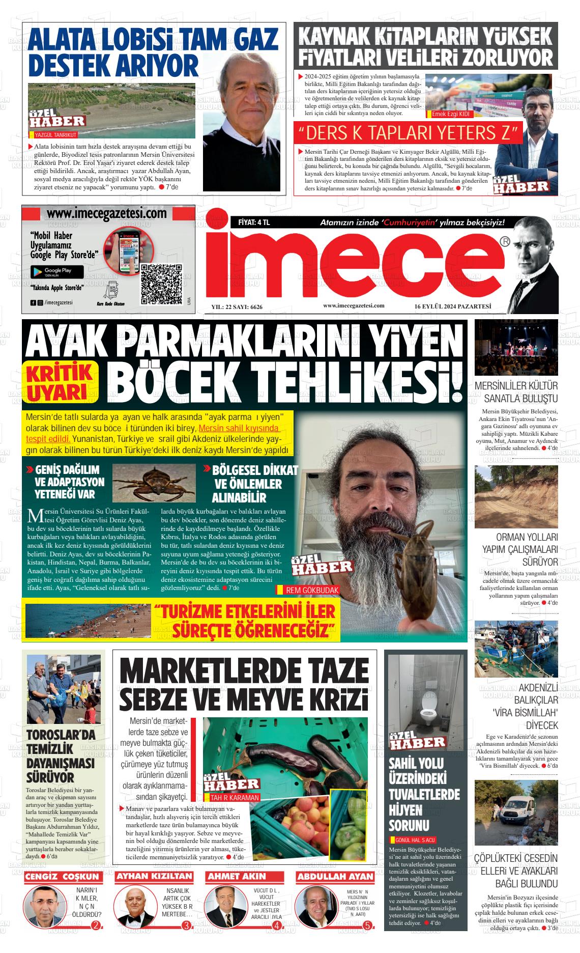 16 Eylül 2024 İmece Gazete Manşeti