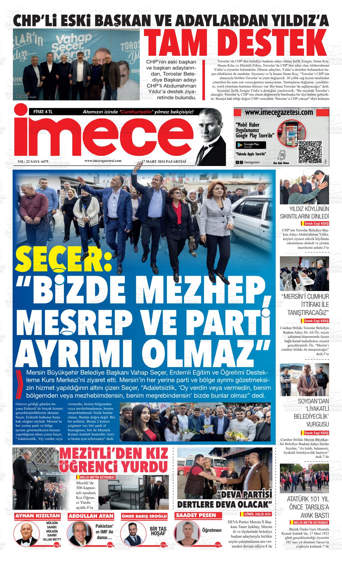 18 Mart 2024 İmece Gazete Manşeti