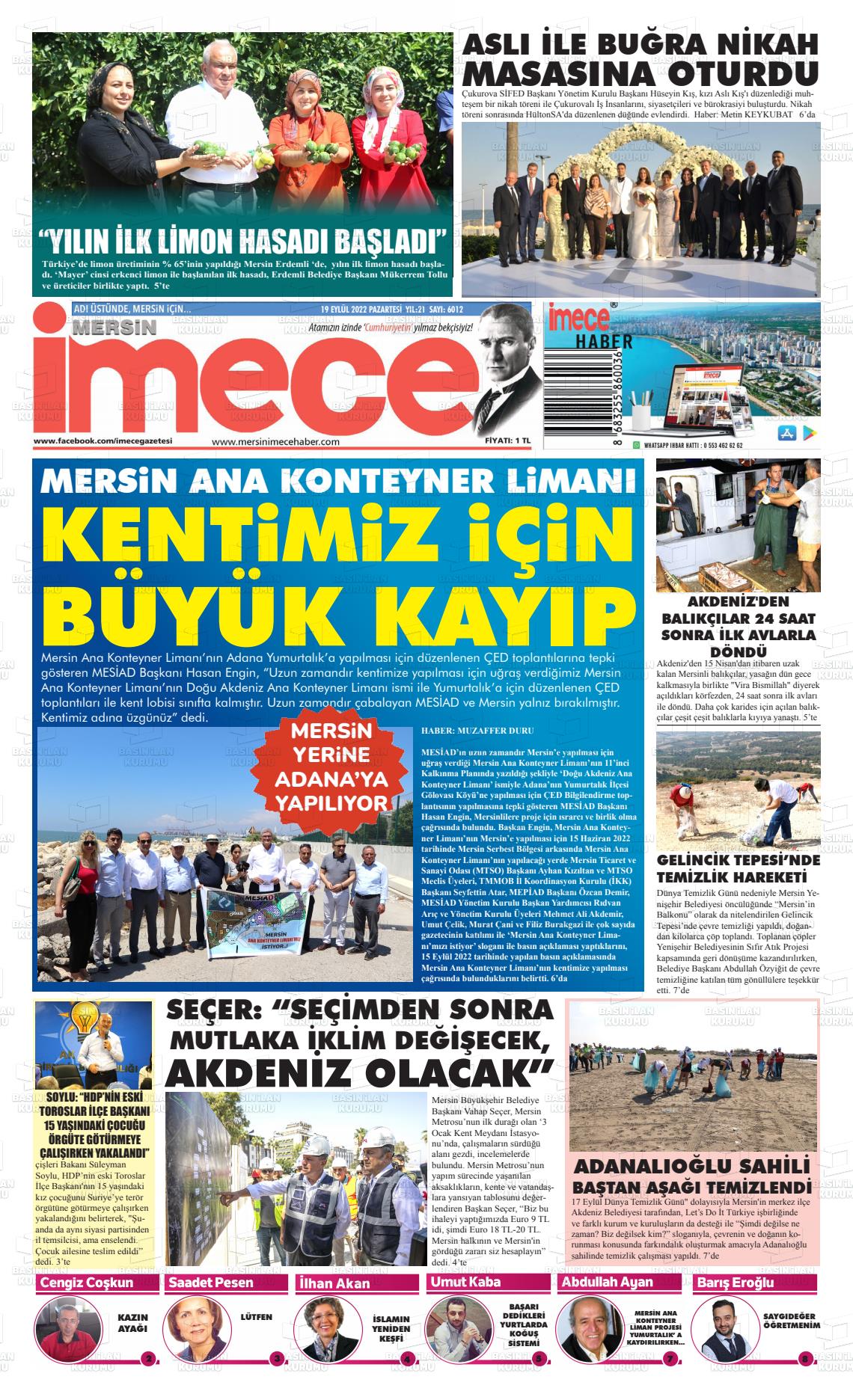 19 Eylül 2022 İmece Gazete Manşeti