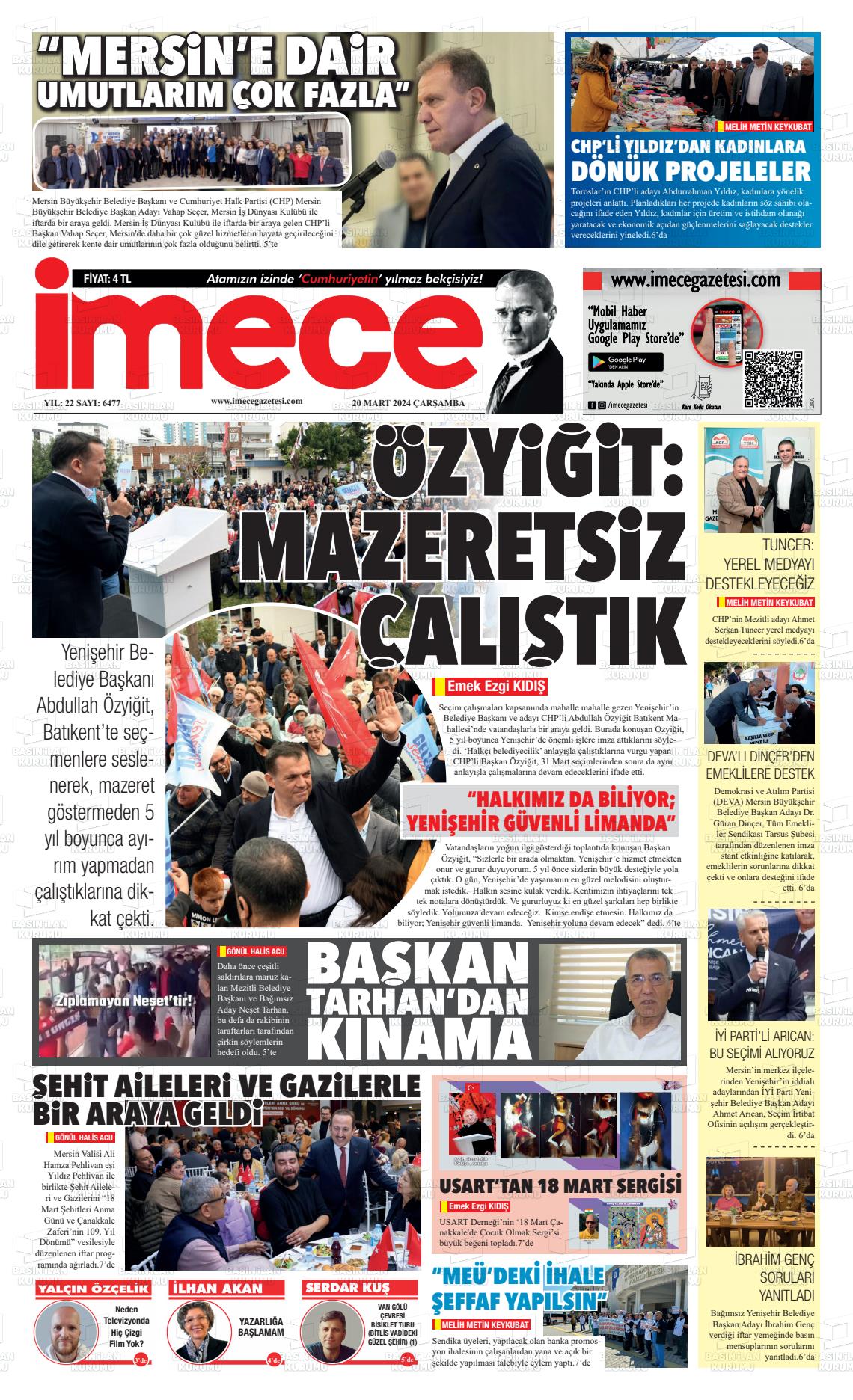 20 Mart 2024 İmece Gazete Manşeti