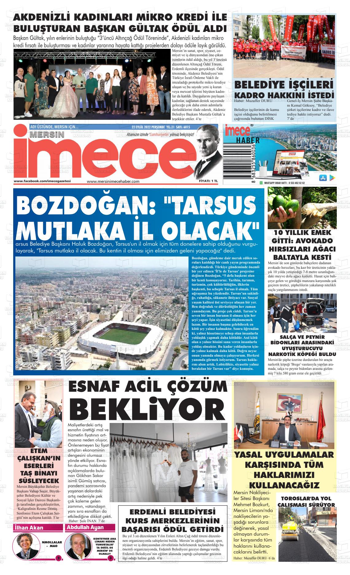 22 Eylül 2022 İmece Gazete Manşeti