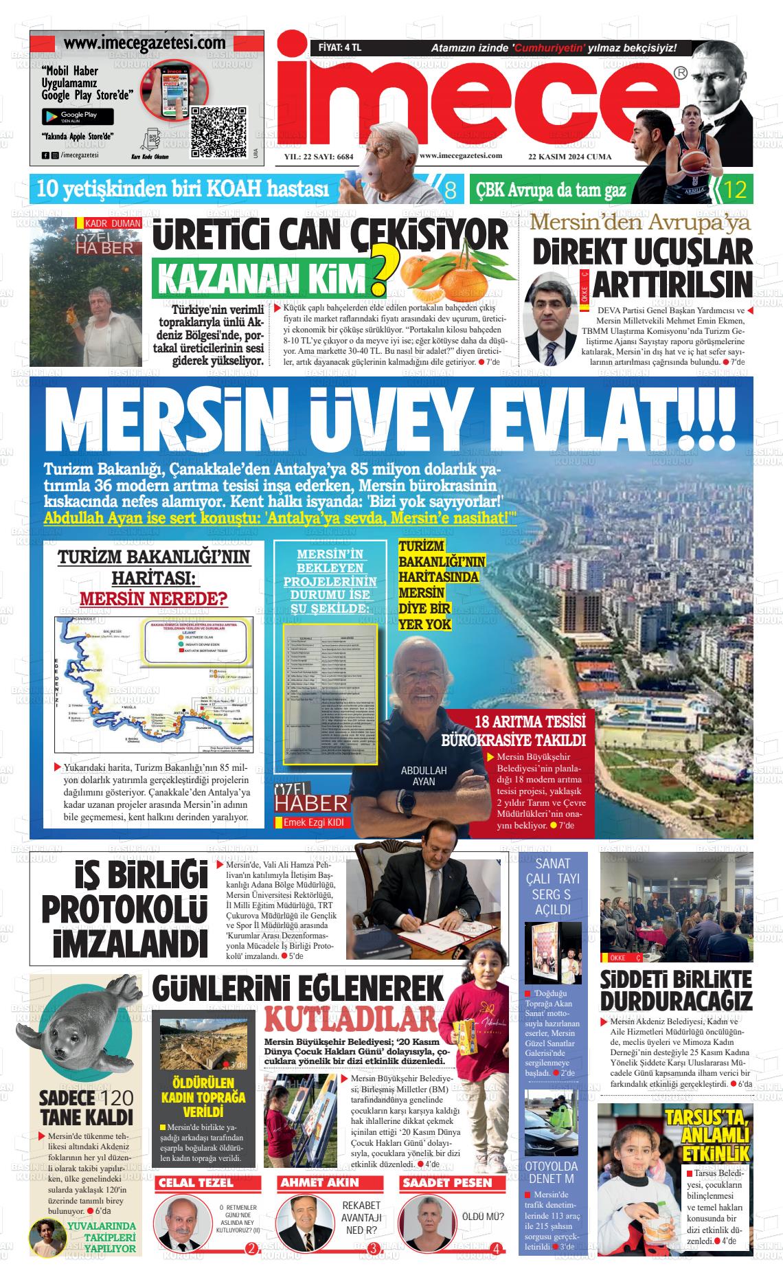 22 Kasım 2024 İmece Gazete Manşeti