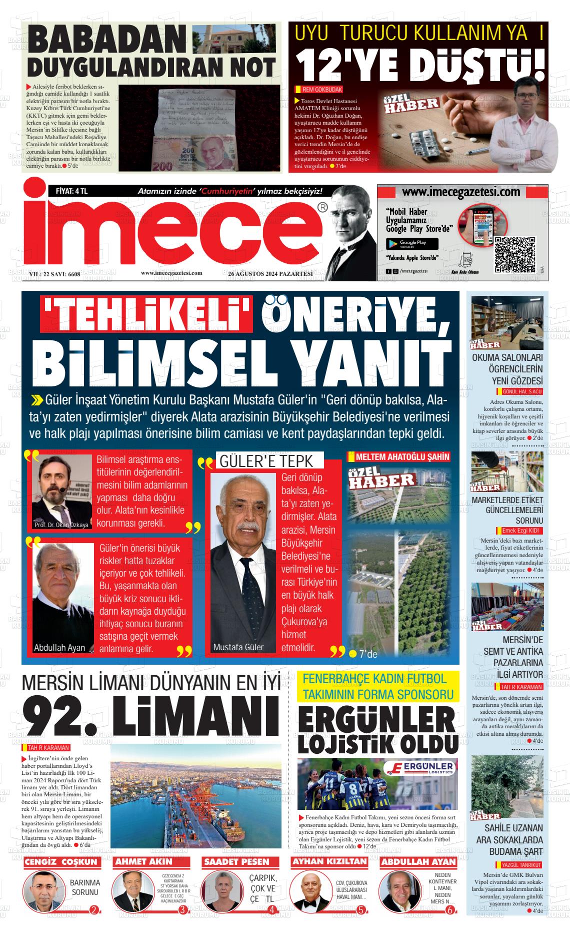 26 Ağustos 2024 İmece Gazete Manşeti