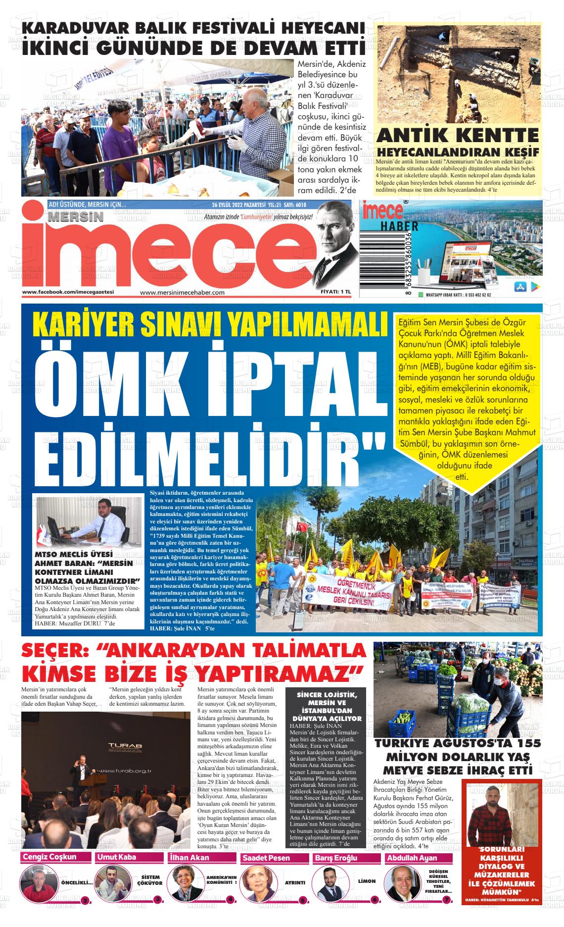 26 Eylül 2022 İmece Gazete Manşeti