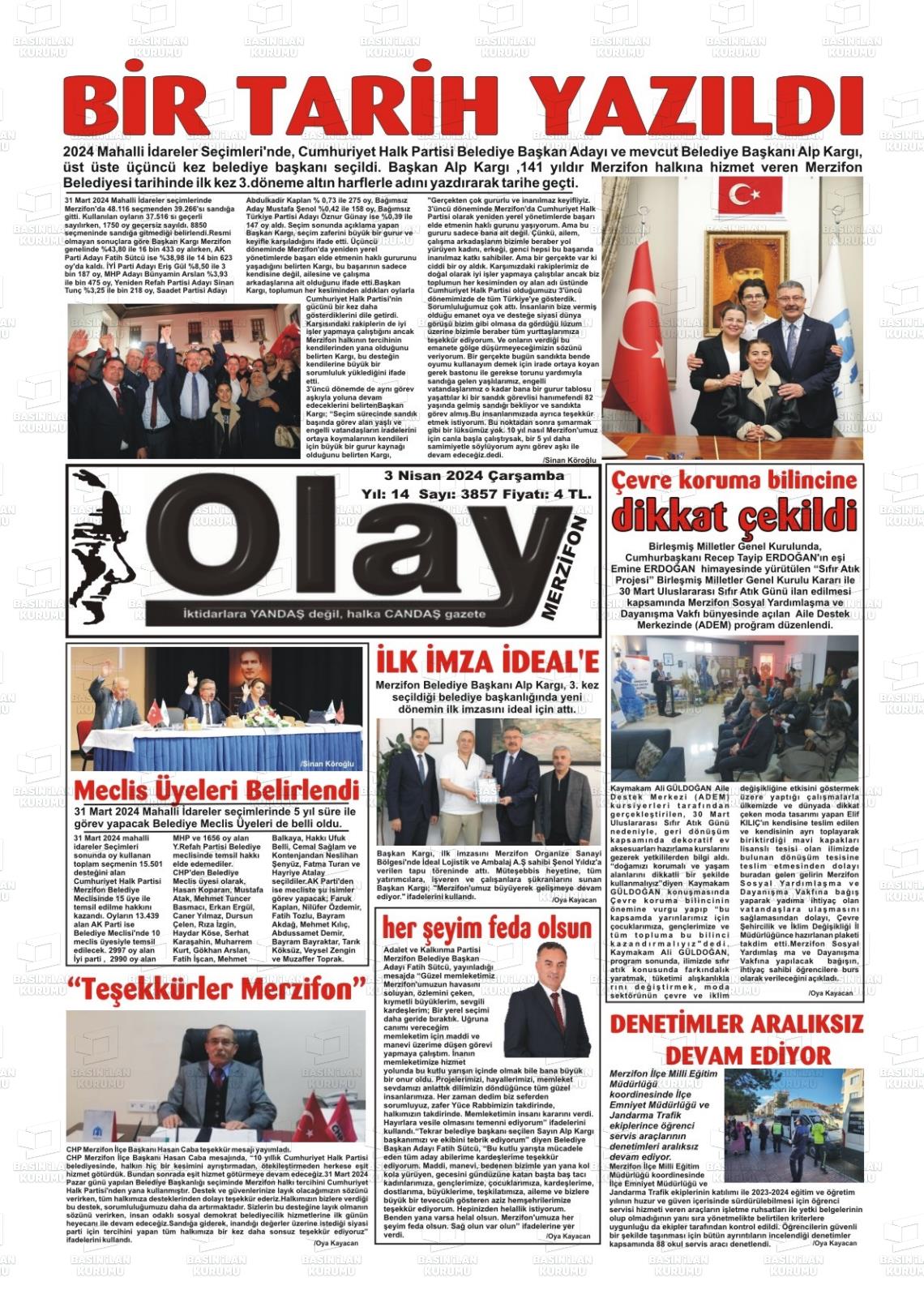 03 Nisan 2024 Merzifon Olay Gazete Manşeti