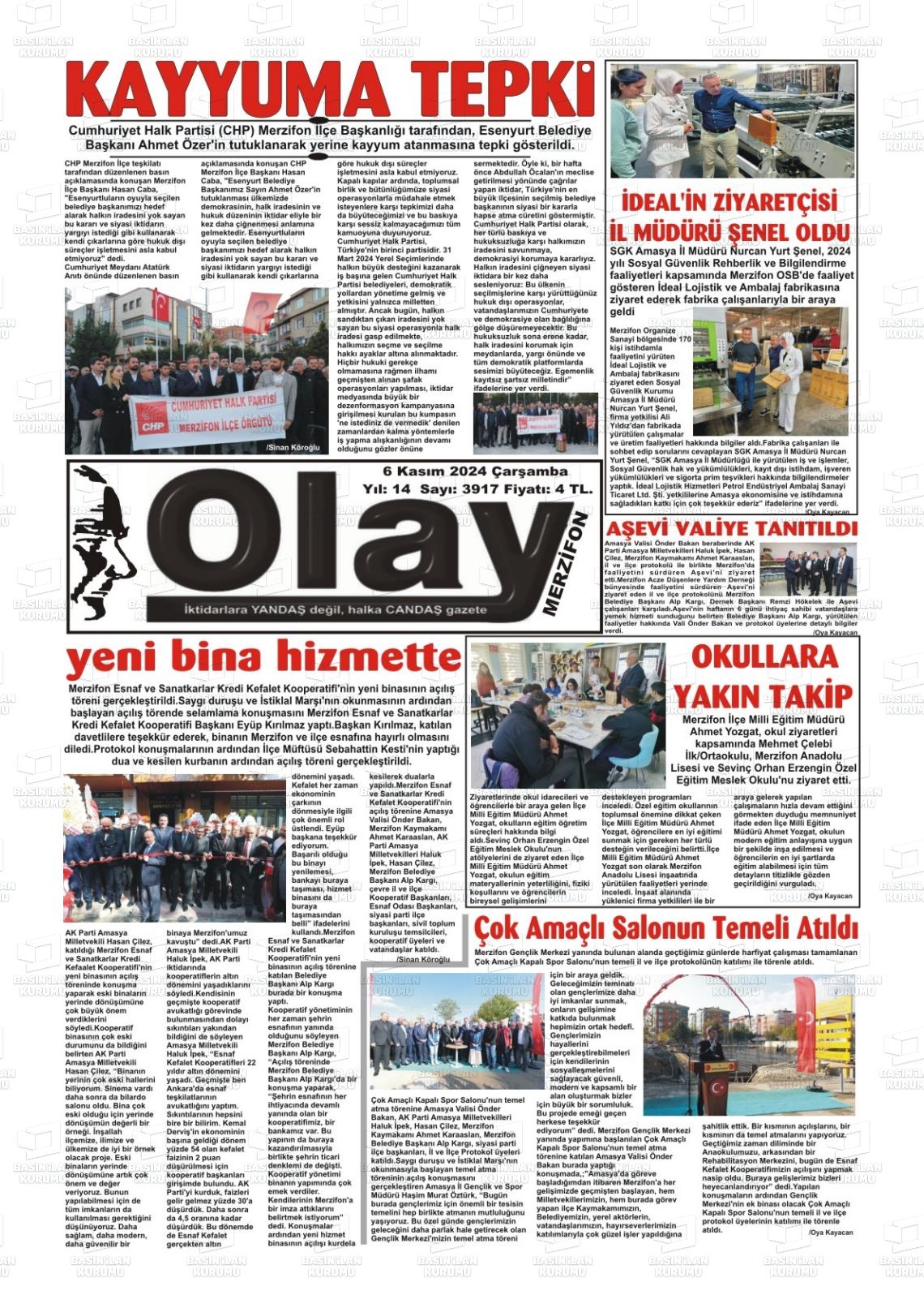 06 Kasım 2024 Merzifon Olay Gazete Manşeti