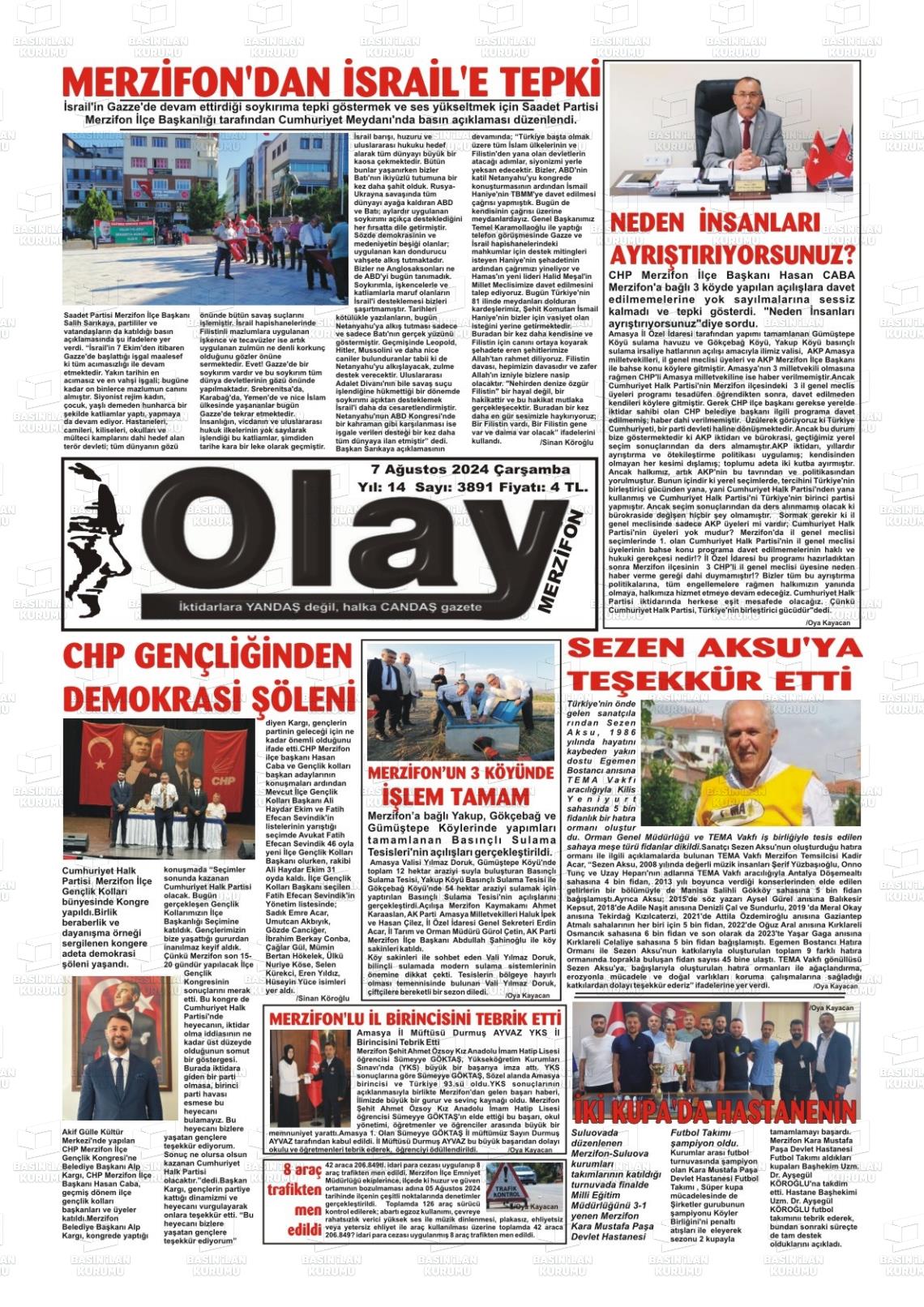 07 Ağustos 2024 Merzifon Olay Gazete Manşeti