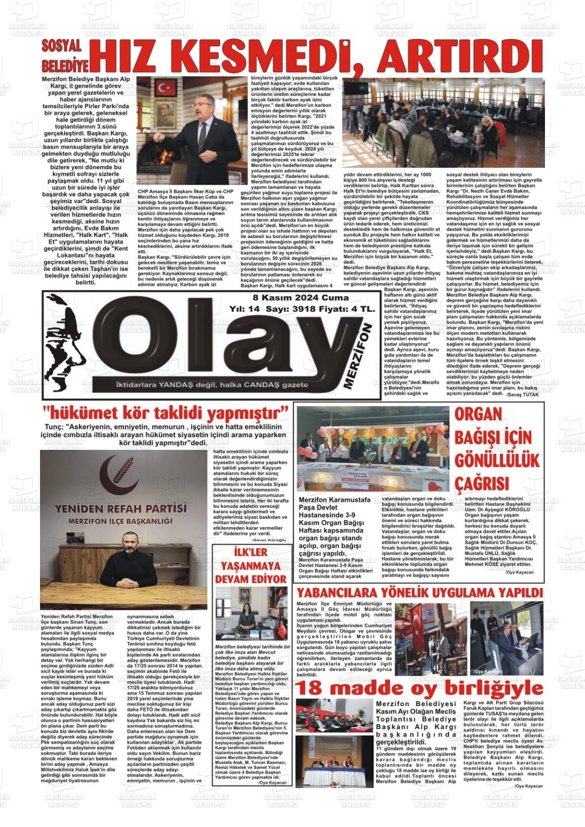 08 Kasım 2024 Merzifon Olay Gazete Manşeti